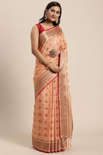 Orange zari woven design banarasi pure cotton traditional saree
