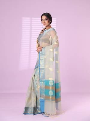 Ecru organza saree with zari weave border 2
