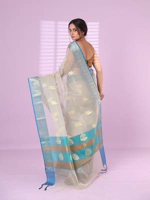Ecru organza saree with zari weave border 3