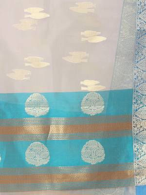Ecru organza saree with zari weave border 4
