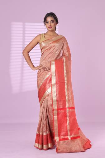 Red crush tissue saree with zari border