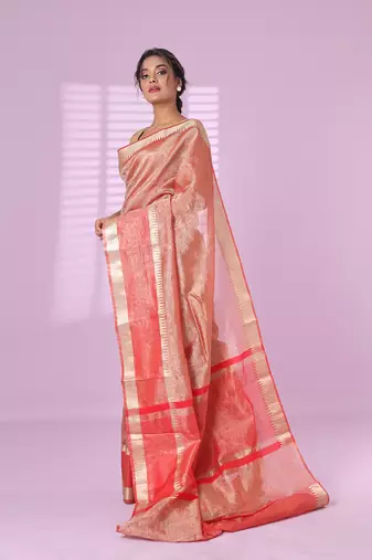 Red crush tissue saree with zari border