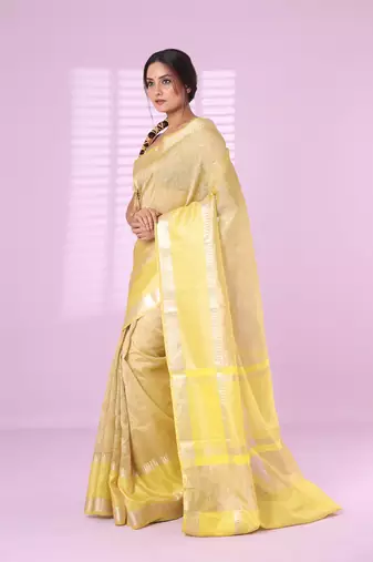 Yellow crush tissue saree with zari border