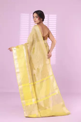 Yellow crush tissue saree with zari border