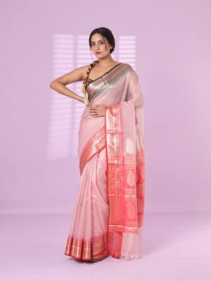 Baby pink tissue checkbox pattern saree with ganga jamuna zari border 1