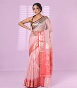 Baby pink tissue checkbox pattern saree with ganga jamuna zari border