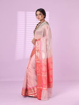 Baby pink tissue checkbox pattern saree with ganga jamuna zari border 2