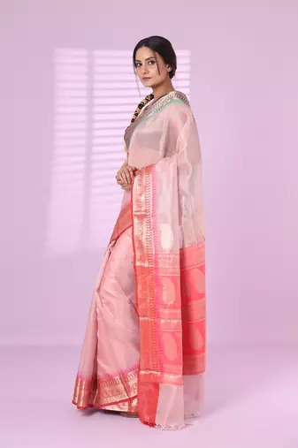 Baby pink tissue checkbox pattern saree with ganga jamuna zari border