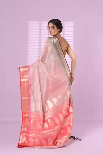 Baby pink tissue checkbox pattern saree with ganga jamuna zari border