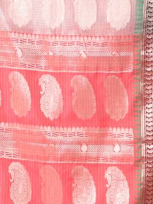 Baby pink tissue checkbox pattern saree with ganga jamuna zari border 4