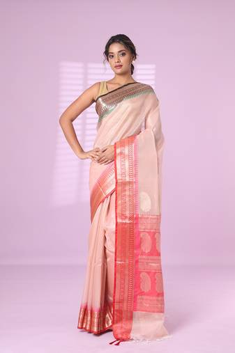 Peach tissue checkbox pattern saree with ganga jamuna zari border