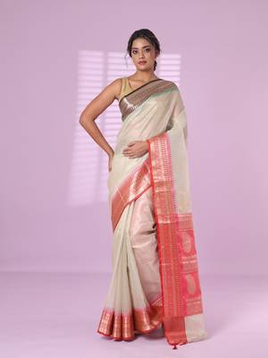 Ecru tissue checkbox pattern saree with ganga jamuna zari border 1