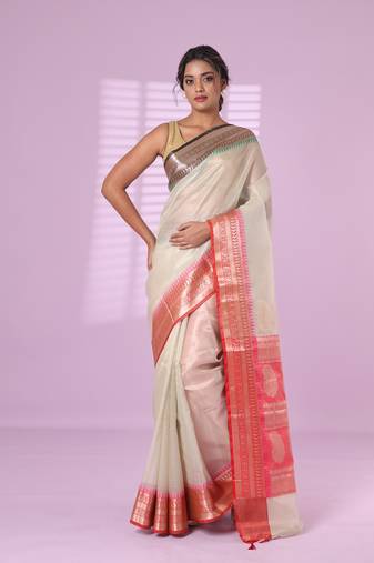 Ecru tissue checkbox pattern saree with ganga jamuna zari border