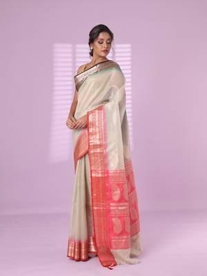 Ecru tissue checkbox pattern saree with ganga jamuna zari border 2