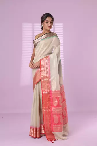 Ecru tissue checkbox pattern saree with ganga jamuna zari border