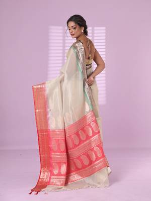 Ecru tissue checkbox pattern saree with ganga jamuna zari border 3