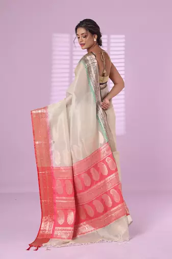 Ecru tissue checkbox pattern saree with ganga jamuna zari border