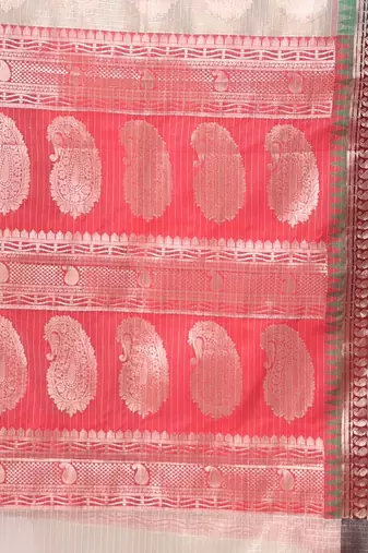 Ecru tissue checkbox pattern saree with ganga jamuna zari border
