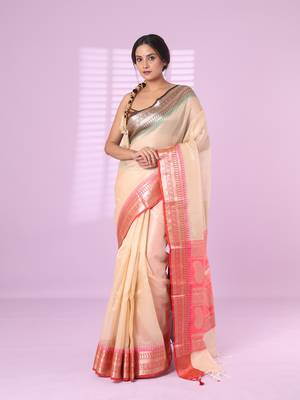 Beige tissue checkbox pattern saree with ganga jamuna zari border 1