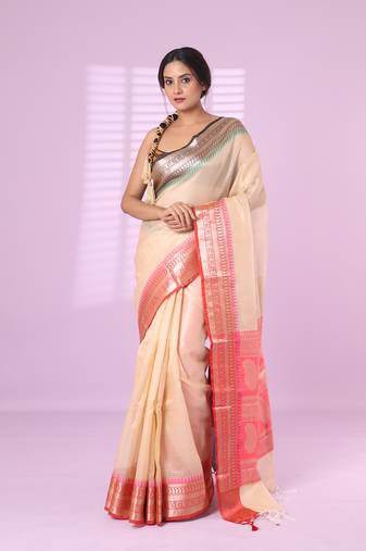 Beige tissue checkbox pattern saree with ganga jamuna zari border