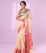Beige tissue checkbox pattern saree with ganga jamuna zari border