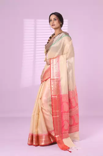 Beige tissue checkbox pattern saree with ganga jamuna zari border