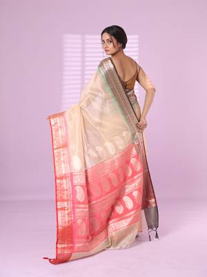 Beige tissue checkbox pattern saree with ganga jamuna zari border 3