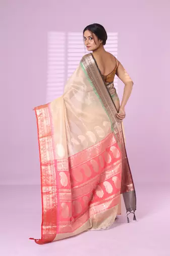Beige tissue checkbox pattern saree with ganga jamuna zari border