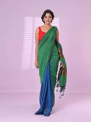 Green and sapphire blue patli pallu cotton soft saree with stripes zari pattern 1