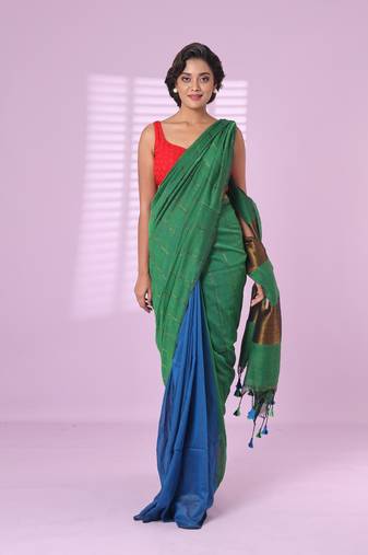 Green and sapphire blue patli pallu cotton soft saree with stripes zari pattern