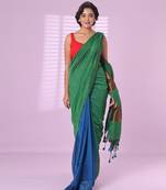Green and sapphire blue patli pallu cotton soft saree with stripes zari pattern