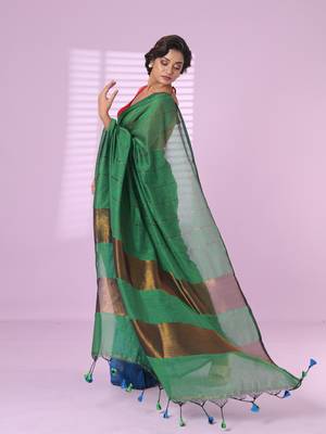 Green and sapphire blue patli pallu cotton soft saree with stripes zari pattern 2