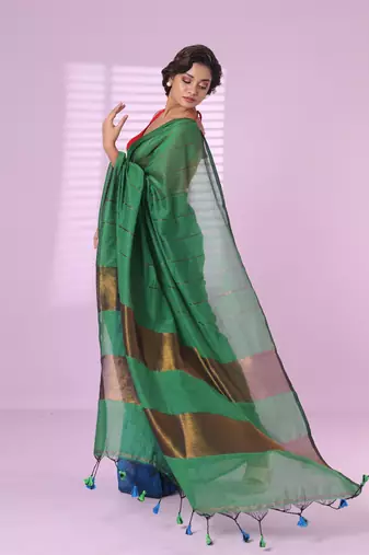 Green and sapphire blue patli pallu cotton soft saree with stripes zari pattern