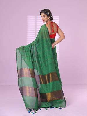 Green and sapphire blue patli pallu cotton soft saree with stripes zari pattern 3