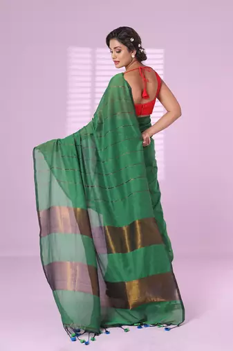 Green and sapphire blue patli pallu cotton soft saree with stripes zari pattern