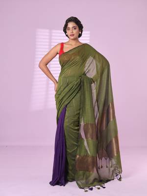 Moss green and purple patli pallu cotton soft saree with stripes zari pattern 1