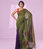 Moss green and purple patli pallu cotton soft saree with stripes zari pattern