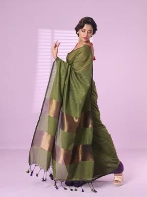 Moss green and purple patli pallu cotton soft saree with stripes zari pattern 2