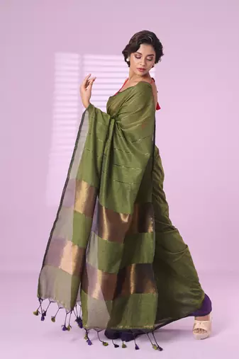 Moss green and purple patli pallu cotton soft saree with stripes zari pattern