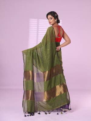 Moss green and purple patli pallu cotton soft saree with stripes zari pattern 3