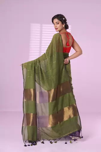 Moss green and purple patli pallu cotton soft saree with stripes zari pattern