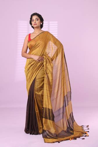 Yellow and brown patli pallu cotton soft saree with stripes zari pattern