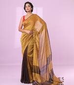 Yellow and brown patli pallu cotton soft saree with stripes zari pattern