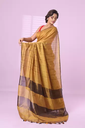 Yellow and brown patli pallu cotton soft saree with stripes zari pattern