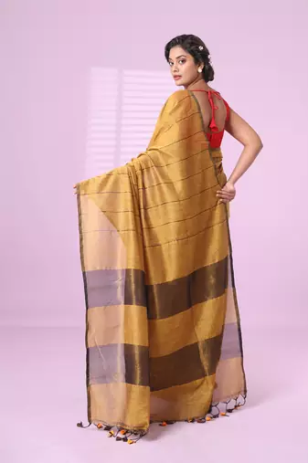 Yellow and brown patli pallu cotton soft saree with stripes zari pattern