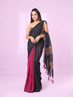 Black and magenta patli pallu cotton soft saree with stripes zari pattern 1
