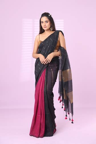 Black and magenta patli pallu cotton soft saree with stripes zari pattern