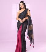 Black and magenta patli pallu cotton soft saree with stripes zari pattern