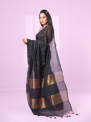 Black and magenta patli pallu cotton soft saree with stripes zari pattern 2