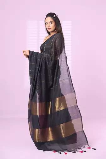 Black and magenta patli pallu cotton soft saree with stripes zari pattern